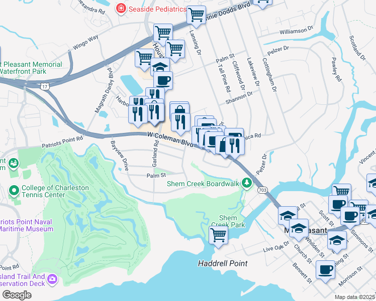 map of restaurants, bars, coffee shops, grocery stores, and more near 1114 Harbor Gate Drive in Mount Pleasant