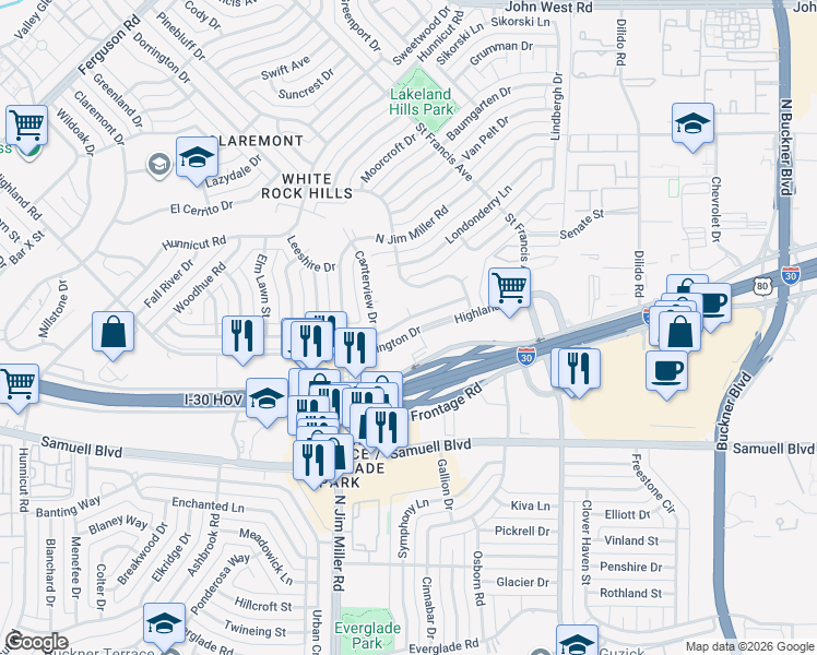 map of restaurants, bars, coffee shops, grocery stores, and more near 3218 Sharpview Lane in Dallas