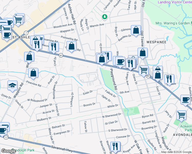 map of restaurants, bars, coffee shops, grocery stores, and more near Falkirk Drive in Charleston