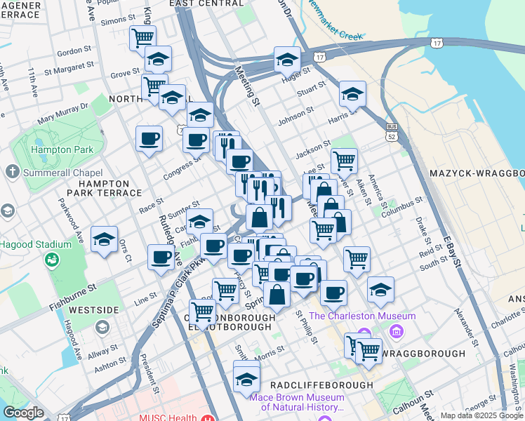map of restaurants, bars, coffee shops, grocery stores, and more near 677 King Street in Charleston