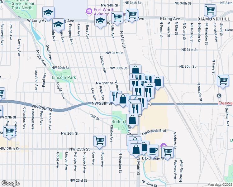 map of restaurants, bars, coffee shops, grocery stores, and more near 2823 North Houston Street in Fort Worth