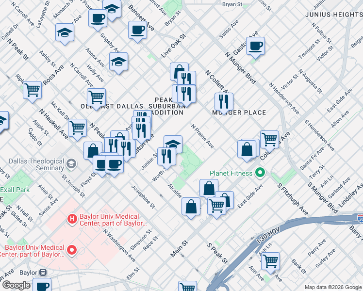 map of restaurants, bars, coffee shops, grocery stores, and more near 4525 Worth Street in Dallas