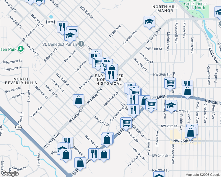 map of restaurants, bars, coffee shops, grocery stores, and more near 2604 Northwest 26th Street in Fort Worth