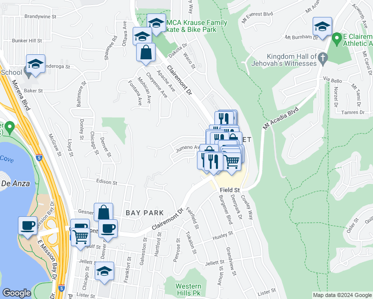 map of restaurants, bars, coffee shops, grocery stores, and more near 4734 Huron Avenue in San Diego