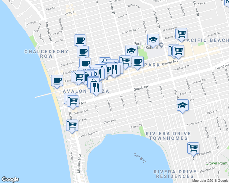 map of restaurants, bars, coffee shops, grocery stores, and more near 1116 Grand Avenue in San Diego