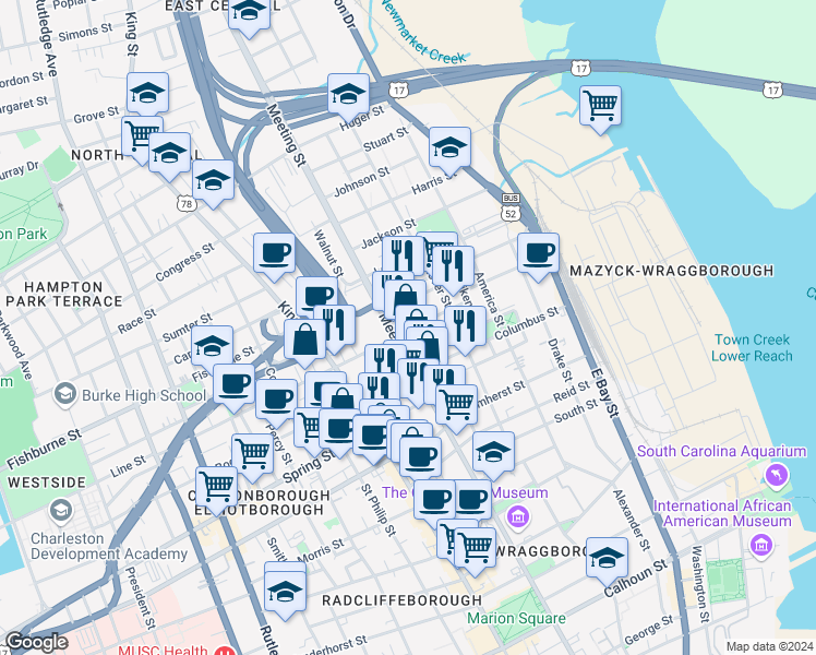 map of restaurants, bars, coffee shops, grocery stores, and more near 89 Nassau Street in Charleston