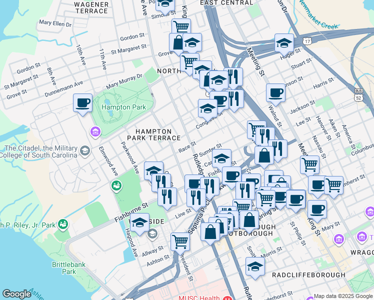 map of restaurants, bars, coffee shops, grocery stores, and more near in Charleston