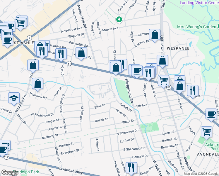map of restaurants, bars, coffee shops, grocery stores, and more near Falkirk Drive in Charleston