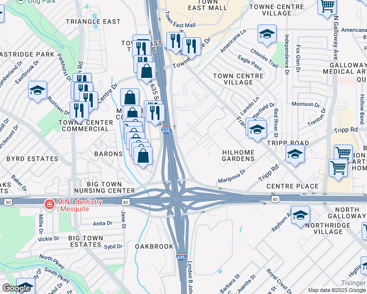 map of restaurants, bars, coffee shops, grocery stores, and more near 2335 Orlando Drive in Mesquite