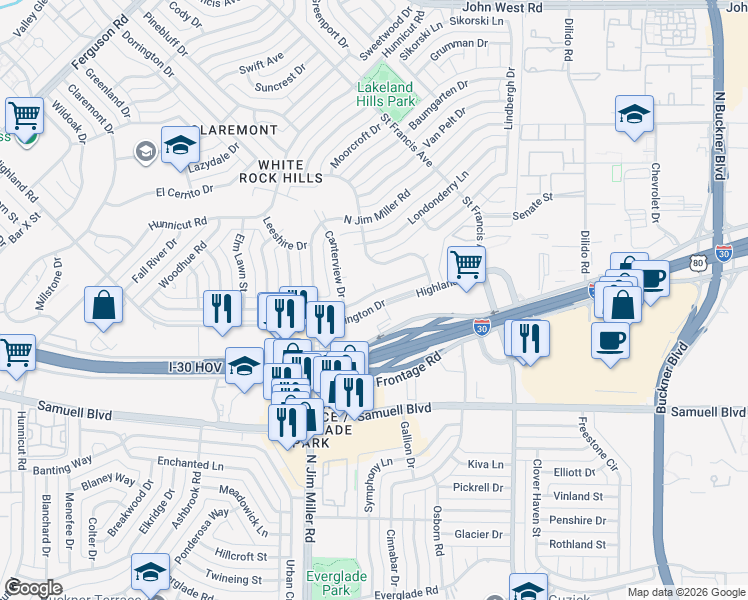 map of restaurants, bars, coffee shops, grocery stores, and more near 3218 Sharpview Lane in Dallas