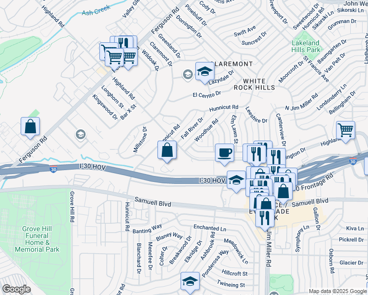 map of restaurants, bars, coffee shops, grocery stores, and more near 2600 Highland Road in Dallas