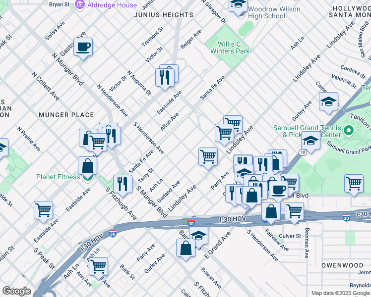 map of restaurants, bars, coffee shops, grocery stores, and more near 5348 Ash Lane in Dallas