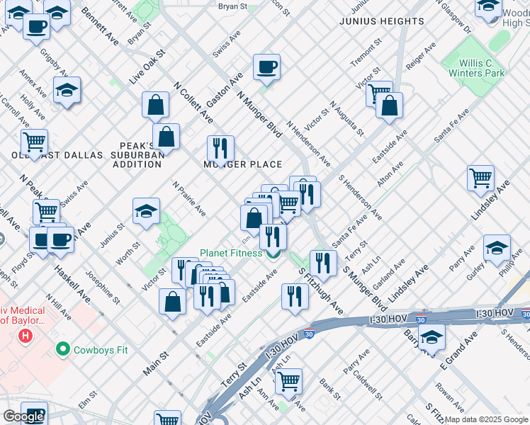 map of restaurants, bars, coffee shops, grocery stores, and more near 4909 Columbia Avenue in Dallas