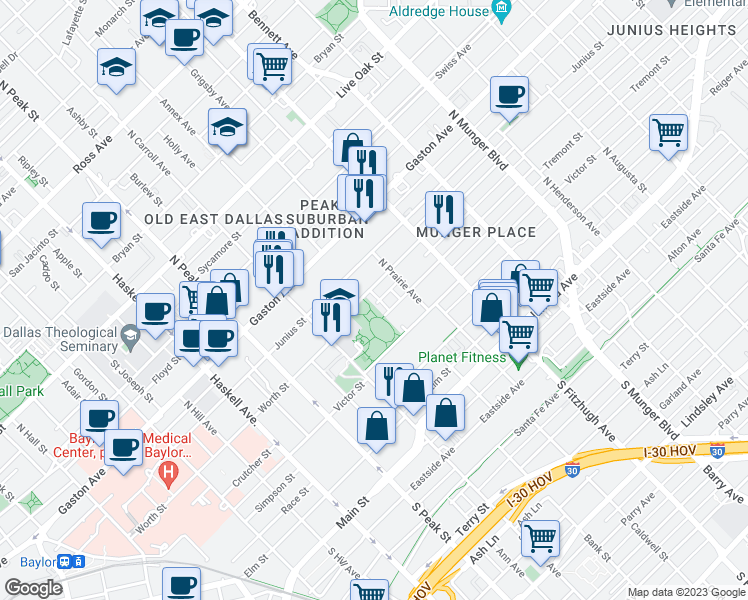 map of restaurants, bars, coffee shops, grocery stores, and more near in Dallas