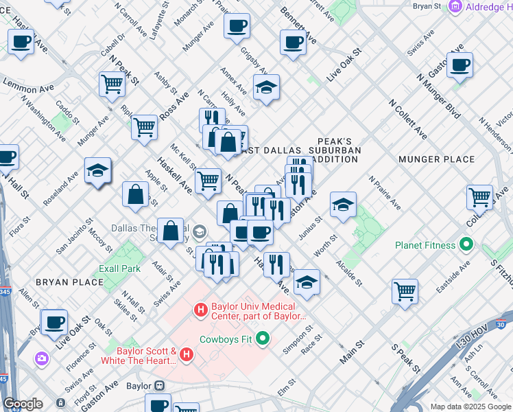 map of restaurants, bars, coffee shops, grocery stores, and more near 1029 Cavour Place in Dallas