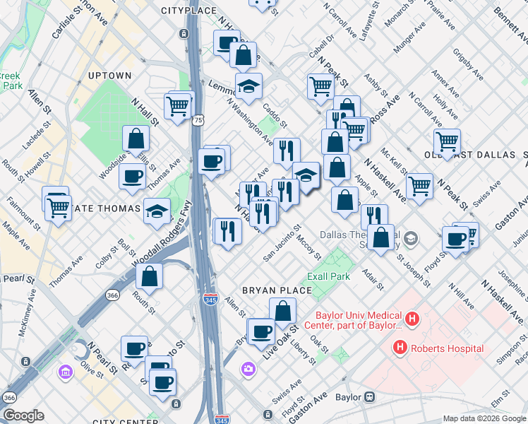 map of restaurants, bars, coffee shops, grocery stores, and more near in Dallas
