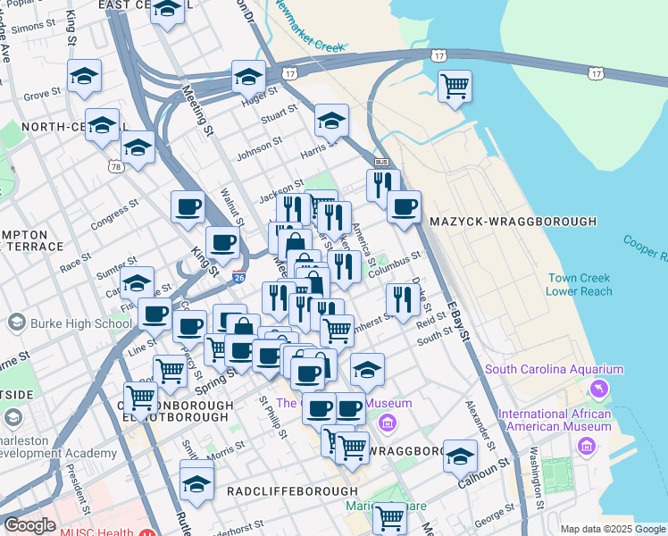 map of restaurants, bars, coffee shops, grocery stores, and more near 57 Hanover Street in Charleston