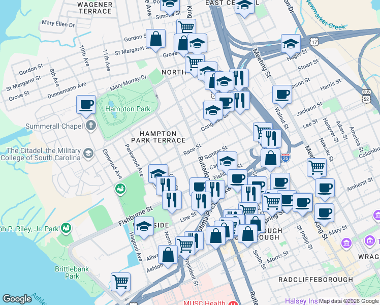 map of restaurants, bars, coffee shops, grocery stores, and more near 429 Race Street in Charleston