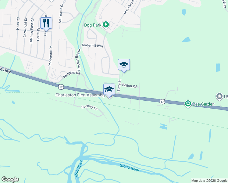 map of restaurants, bars, coffee shops, grocery stores, and more near 2958 Marginal Road in Charleston