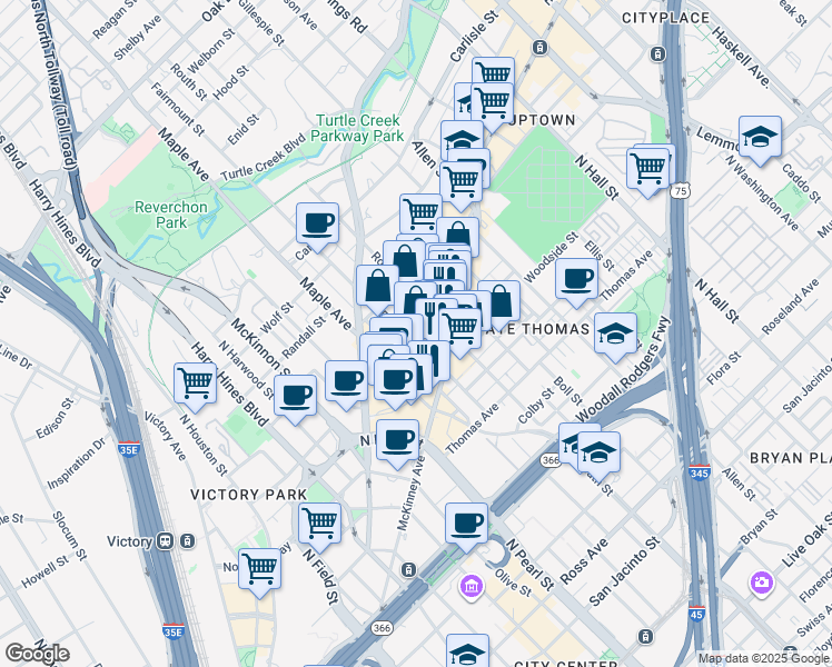 map of restaurants, bars, coffee shops, grocery stores, and more near 2515 McKinney Avenue in Dallas