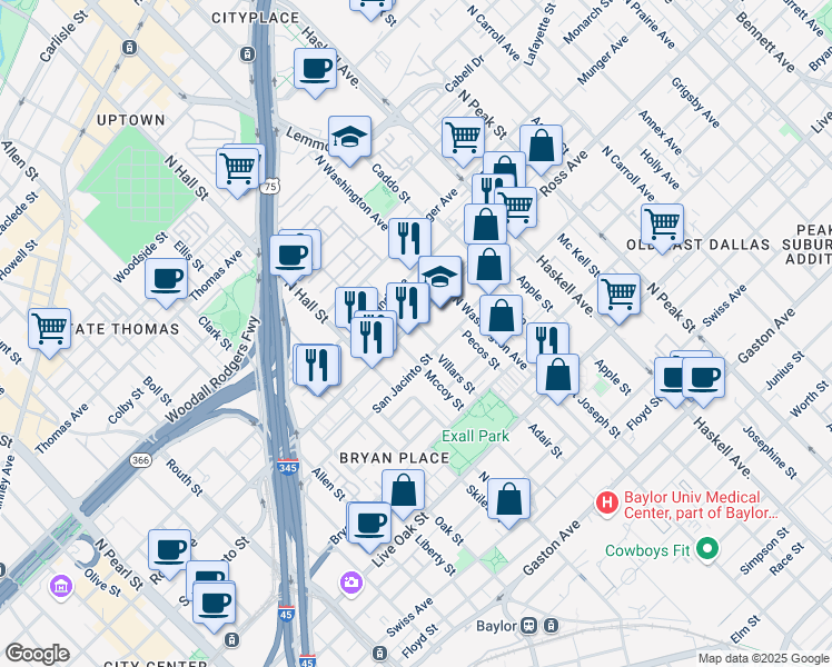 map of restaurants, bars, coffee shops, grocery stores, and more near 1612 Mccoy Street in Dallas