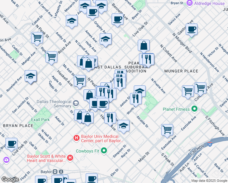 map of restaurants, bars, coffee shops, grocery stores, and more near in Dallas