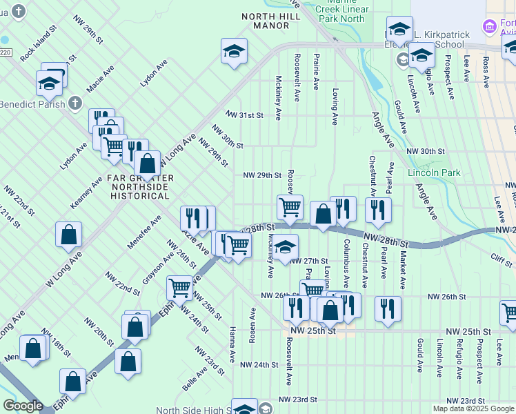 map of restaurants, bars, coffee shops, grocery stores, and more near 2812 Rosen Avenue in Fort Worth