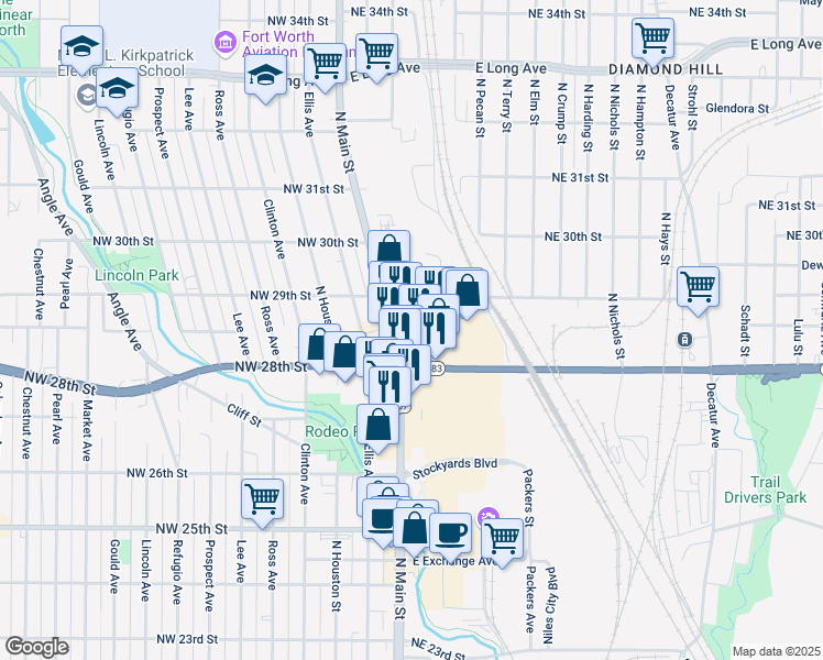 map of restaurants, bars, coffee shops, grocery stores, and more near 2875 North Commerce Street in Fort Worth