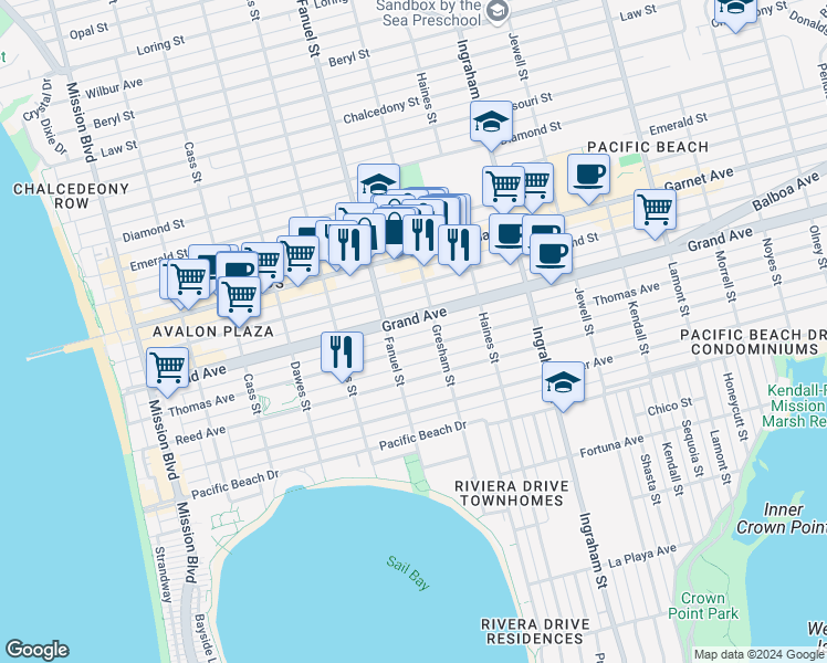 map of restaurants, bars, coffee shops, grocery stores, and more near 1345 Grand Avenue in San Diego