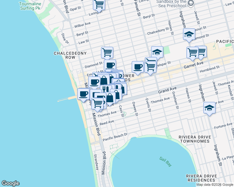 map of restaurants, bars, coffee shops, grocery stores, and more near Cass Street & Hornblend Street in San Diego