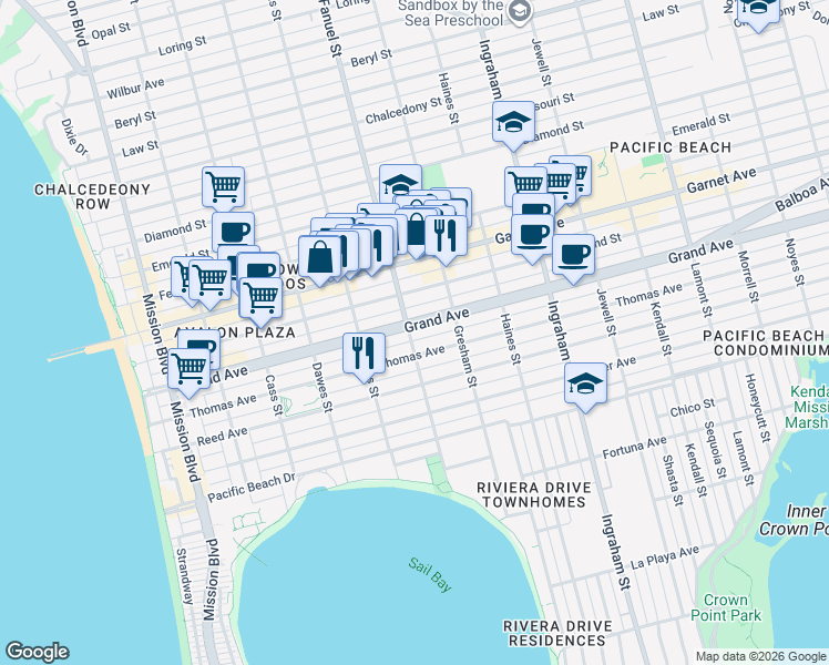 map of restaurants, bars, coffee shops, grocery stores, and more near 1258 Thomas Avenue in San Diego