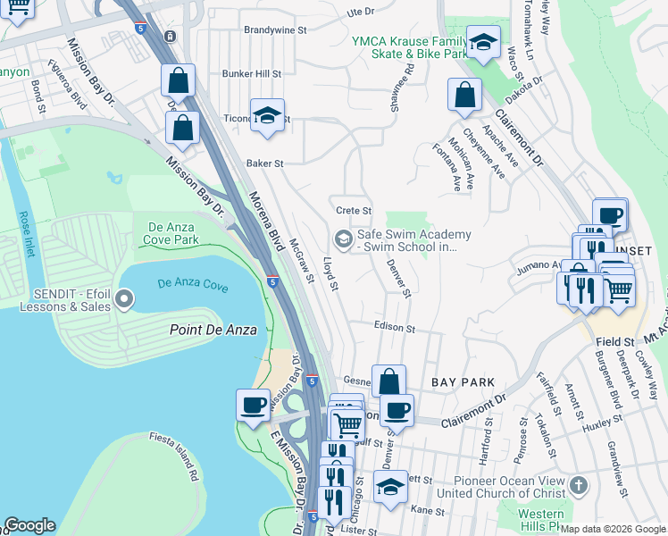 map of restaurants, bars, coffee shops, grocery stores, and more near 4116 Bonanza Avenue in San Diego