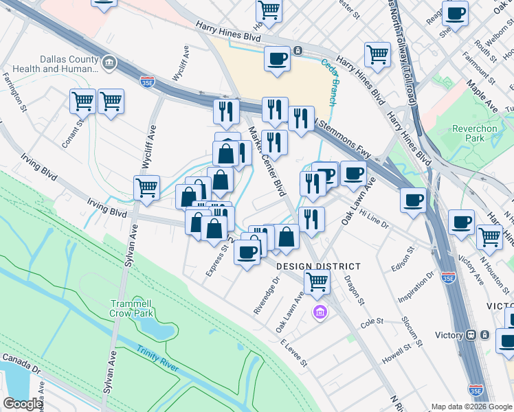 map of restaurants, bars, coffee shops, grocery stores, and more near 1955 Market Center Boulevard in Dallas