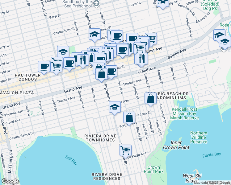 map of restaurants, bars, coffee shops, grocery stores, and more near 1649 Reed Avenue in San Diego