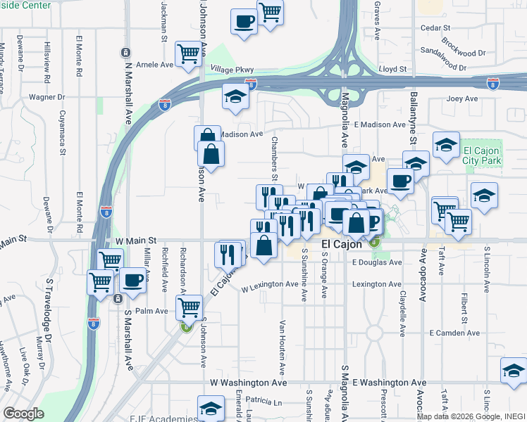 map of restaurants, bars, coffee shops, grocery stores, and more near in El Cajon