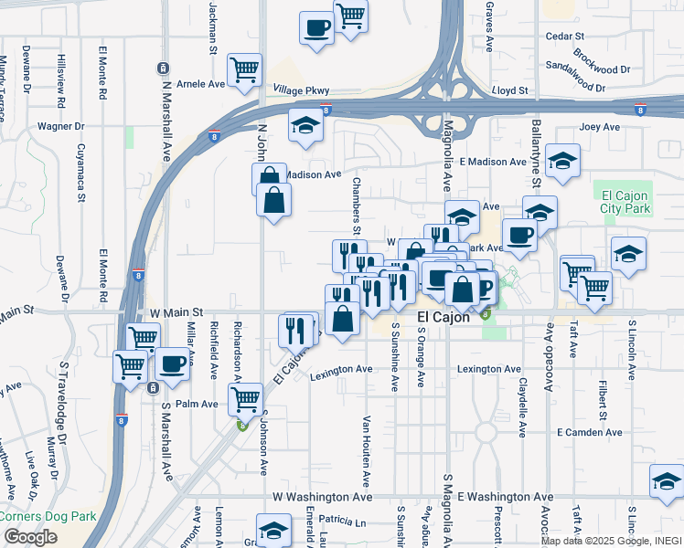 map of restaurants, bars, coffee shops, grocery stores, and more near 200 Chambers Street in El Cajon