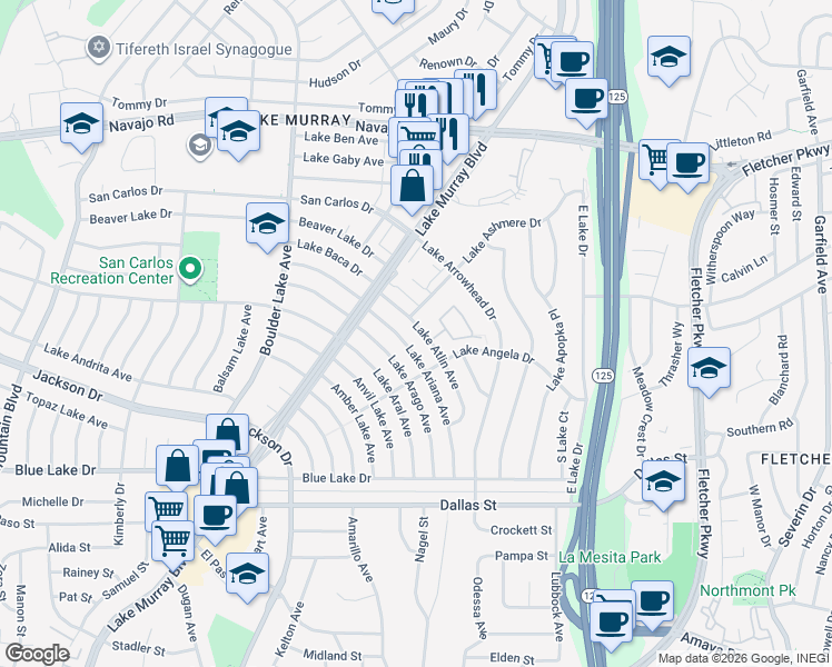 map of restaurants, bars, coffee shops, grocery stores, and more near 6368 Lake Atlin Avenue in San Diego
