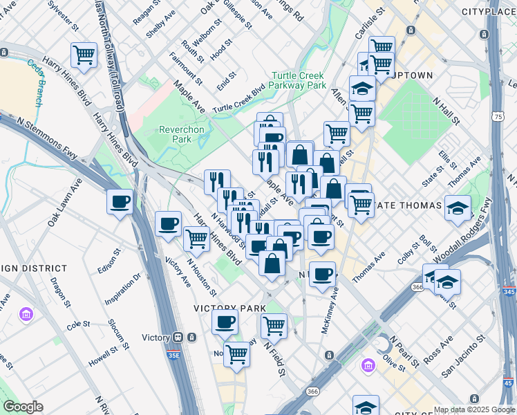 map of restaurants, bars, coffee shops, grocery stores, and more near 2900 McKinnon Street in Dallas