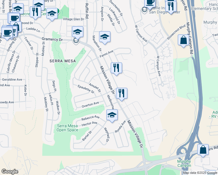 map of restaurants, bars, coffee shops, grocery stores, and more near 2828 Mission Village Drive in San Diego