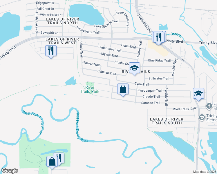 map of restaurants, bars, coffee shops, grocery stores, and more near 8649 Creede Trail in Fort Worth