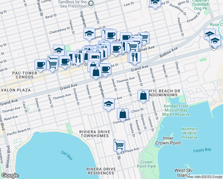 map of restaurants, bars, coffee shops, grocery stores, and more near 1656 Reed Avenue in San Diego