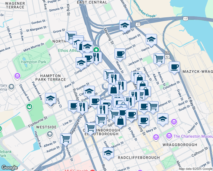 map of restaurants, bars, coffee shops, grocery stores, and more near 20 Engel Street in Charleston