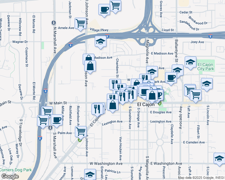 map of restaurants, bars, coffee shops, grocery stores, and more near in El Cajon