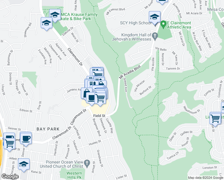 map of restaurants, bars, coffee shops, grocery stores, and more near 2939 Cowley Way in San Diego