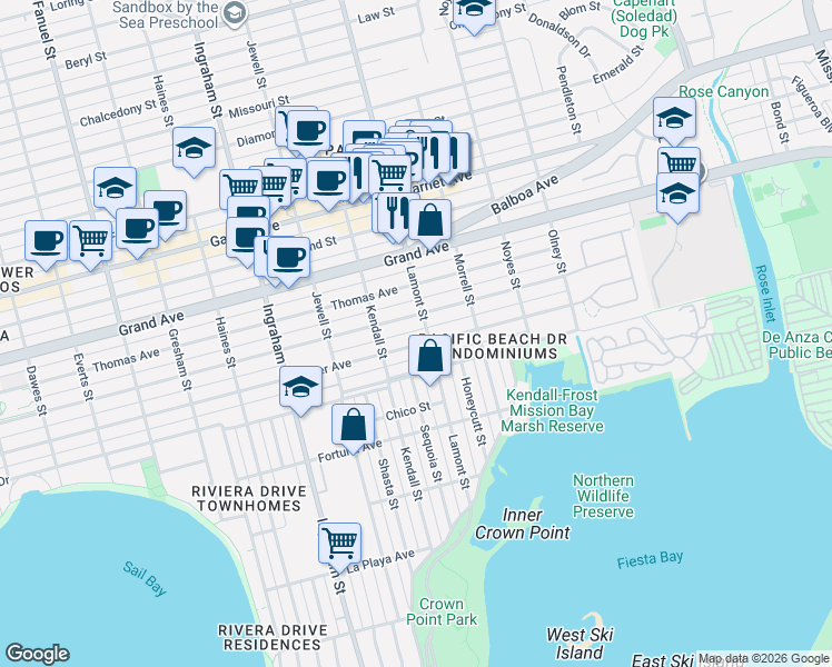 map of restaurants, bars, coffee shops, grocery stores, and more near 1875 Oliver Avenue in San Diego