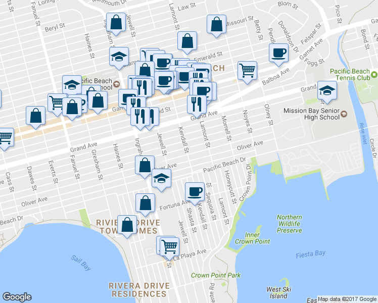 map of restaurants, bars, coffee shops, grocery stores, and more near 1804 Oliver Avenue in San Diego
