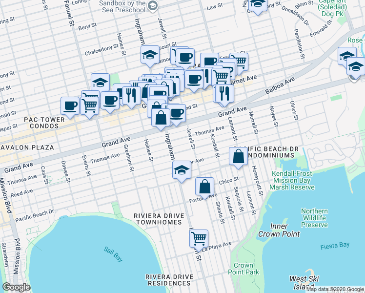 map of restaurants, bars, coffee shops, grocery stores, and more near 1649 Reed Avenue in San Diego