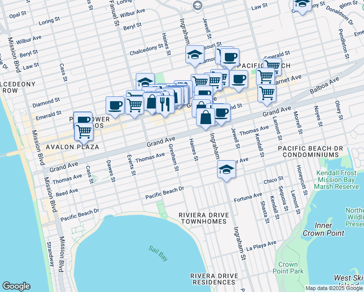 map of restaurants, bars, coffee shops, grocery stores, and more near 1421 Thomas Avenue in San Diego