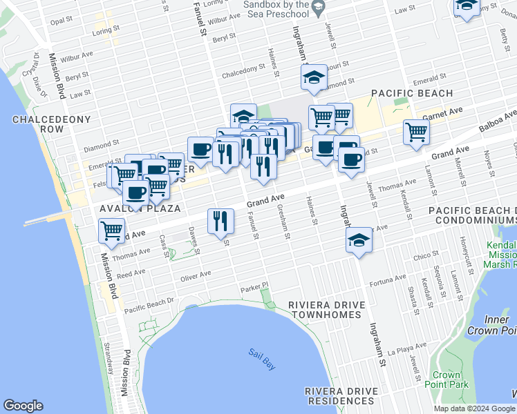 map of restaurants, bars, coffee shops, grocery stores, and more near 1350 Thomas Avenue in San Diego