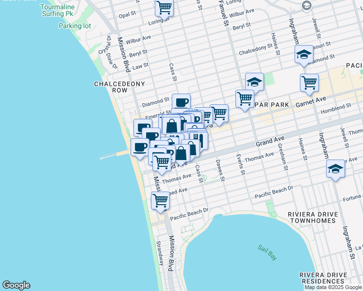 map of restaurants, bars, coffee shops, grocery stores, and more near 959 Hornblend Street in San Diego